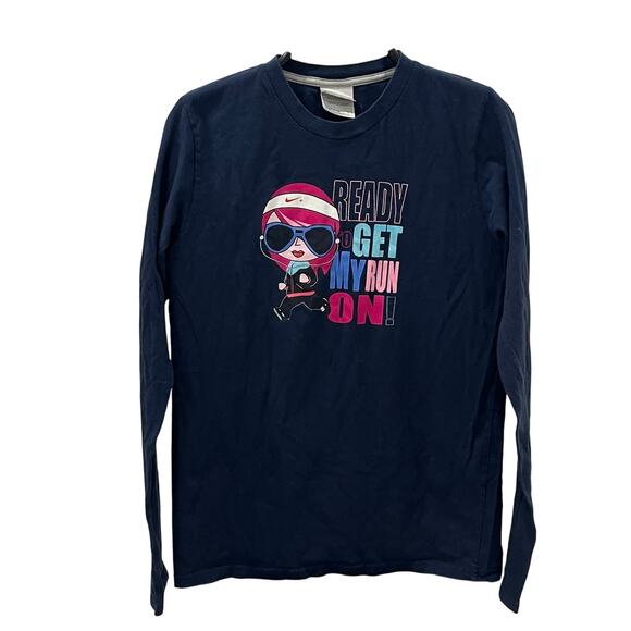 Nike Women's MD "Ready To Get My Run On" Navy Long Sleeve Graphic T-shirt - Picture 1 of 5